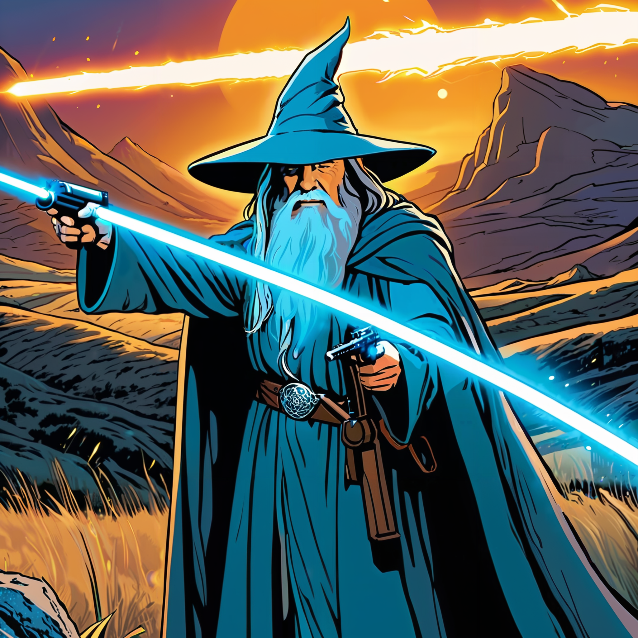 00044-2559791135-Gandalf the Grey holding  bioluminescent  Assault Rifle shooting  glowing laser beams ,middle earth, plains, comicbook style, ex.png